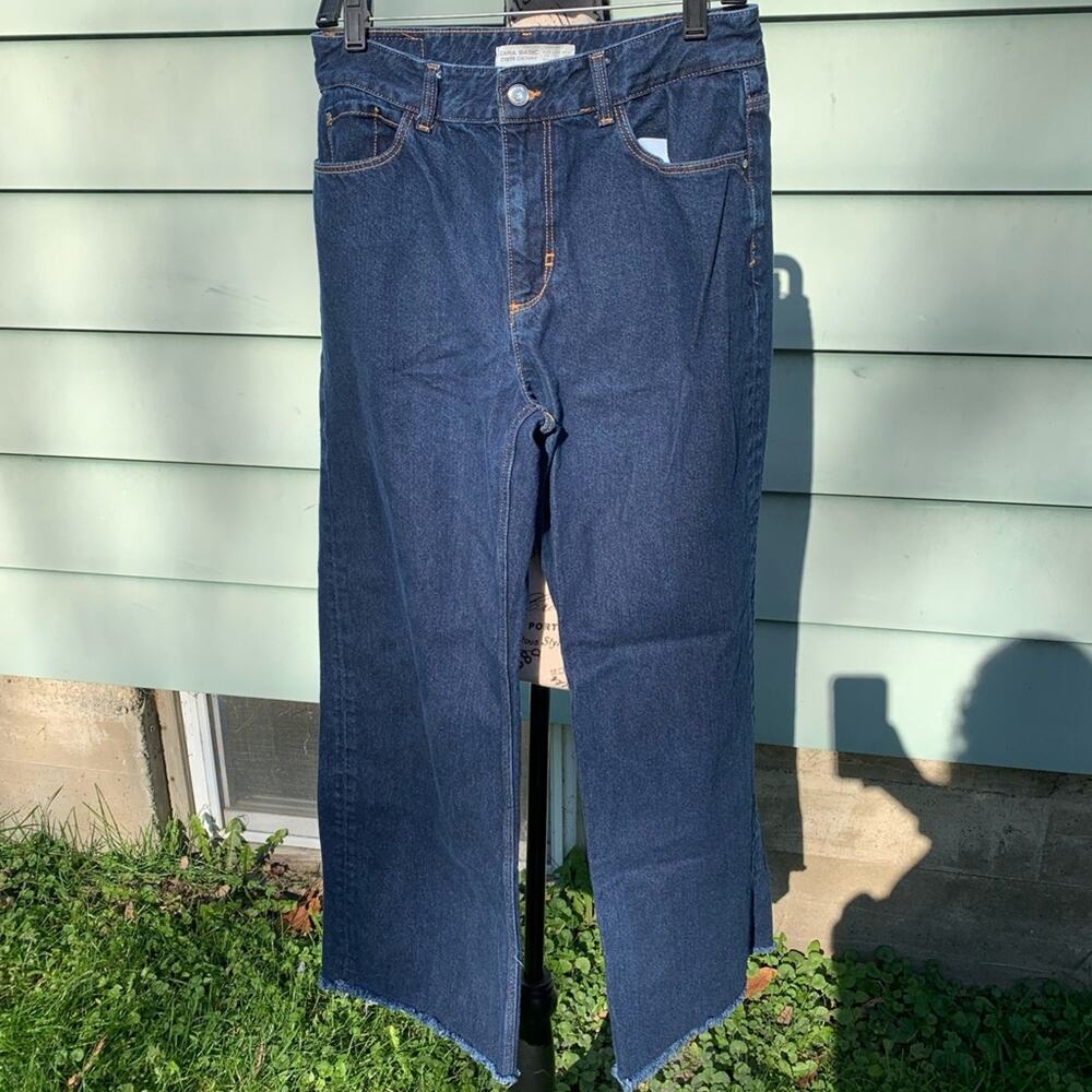 Zara Basic dark wash raw hem high rise wide leg blue jeans